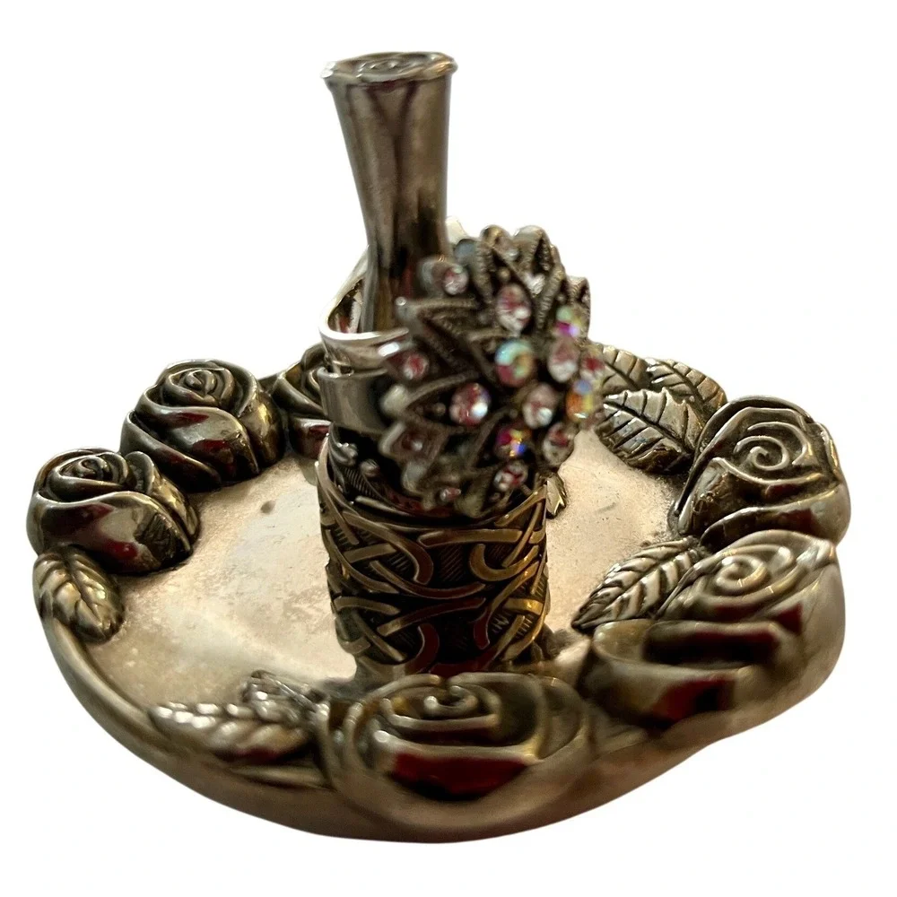 Vtg Heavy Silver Plated Rose Ring Holder Jewelry Tree Vanity Decor Floral 12oz
